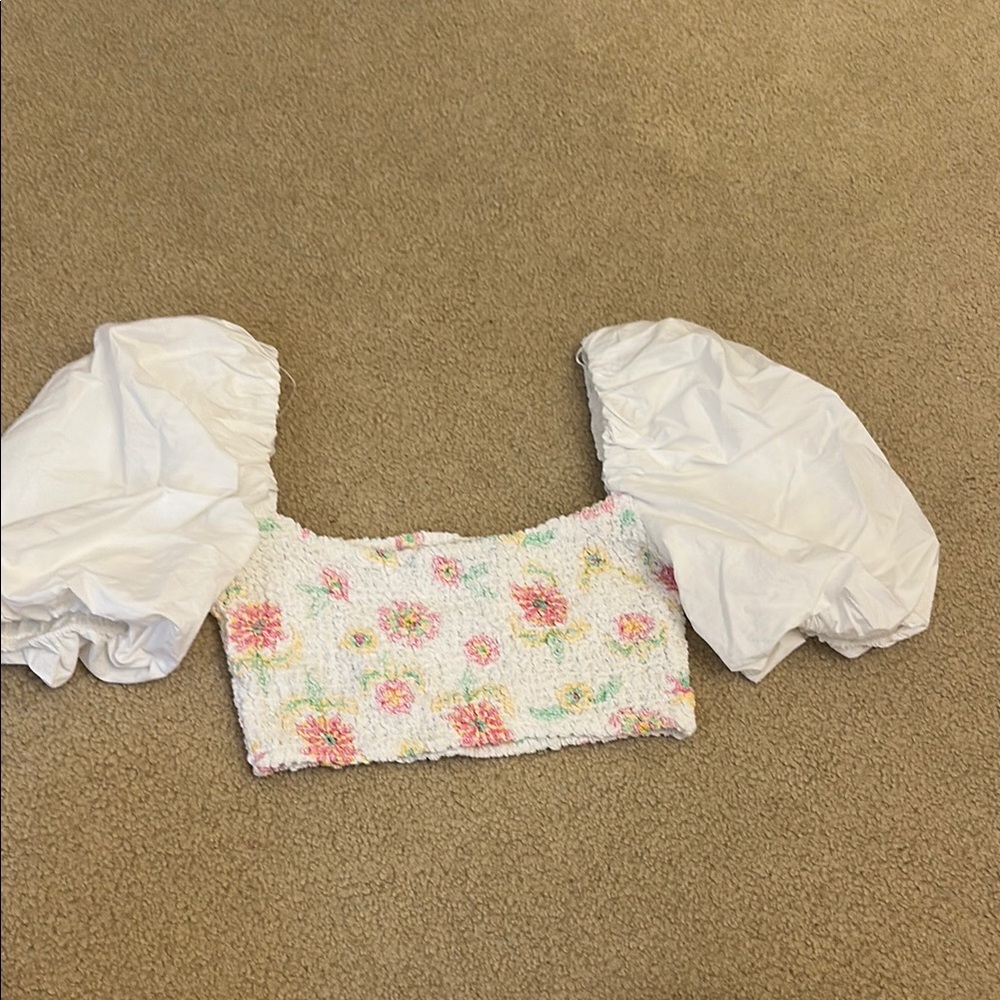 Floral Puff Sleeve Crop Zara Top - White